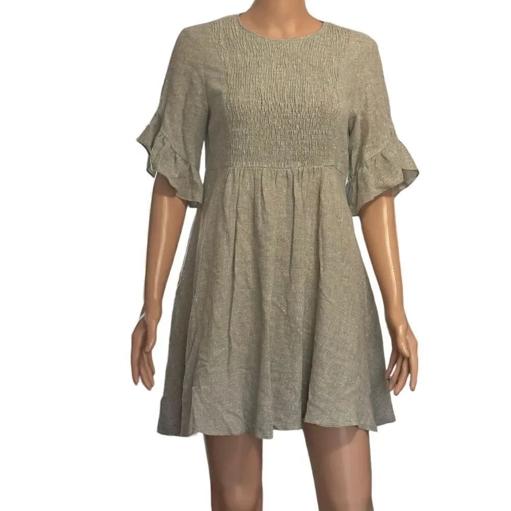 Zara Gray Shimmer Smocked Asymmetrical Ruffle Sleeve Dress SMALL